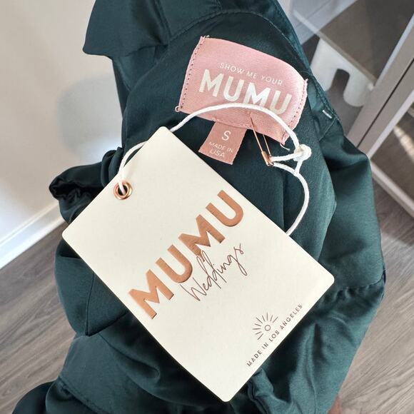 Show Me Your Mumu Zoey Midi Dress NEW Deep Emerald Green Satin Ruffle Trim Small - Picture 6 of 7